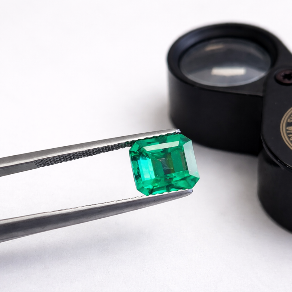 Emerald held by precision tweezers